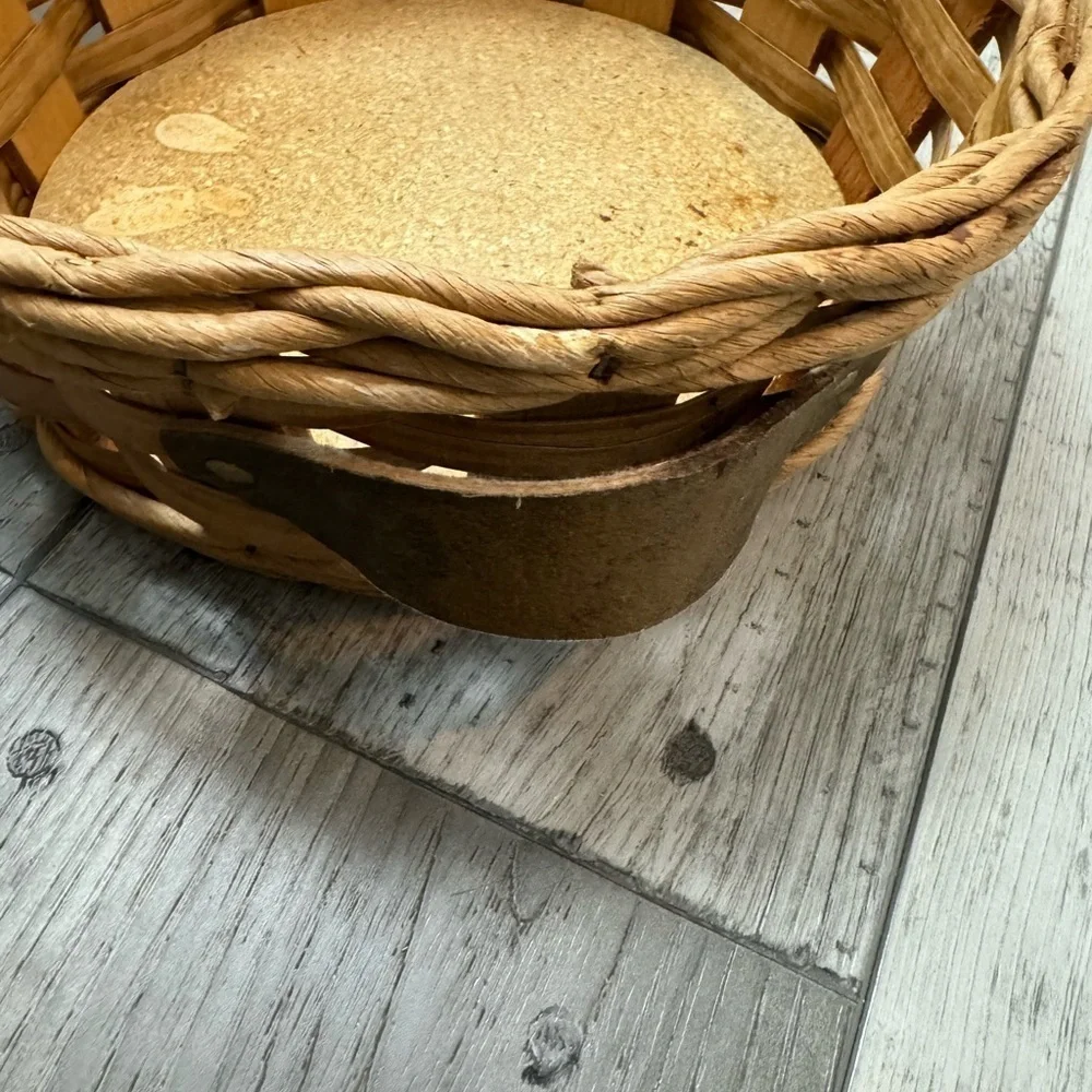 Vintage PYREX CORNING Leather Wooden Handled Basket Liner Holder weave